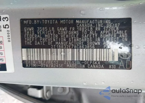 2008 Toyota Corolla S из США, поврежденный, VIN 2T1BR32E78C863856